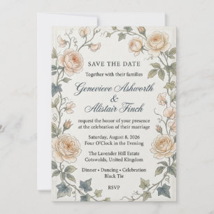 Peach Roses, Sweet Peas, Ivy, Lace Border Frame, a Invitation