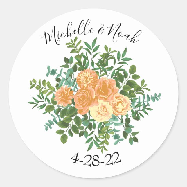 Peach Roses Wedding Floral Spring Classic Round Sticker (Front)