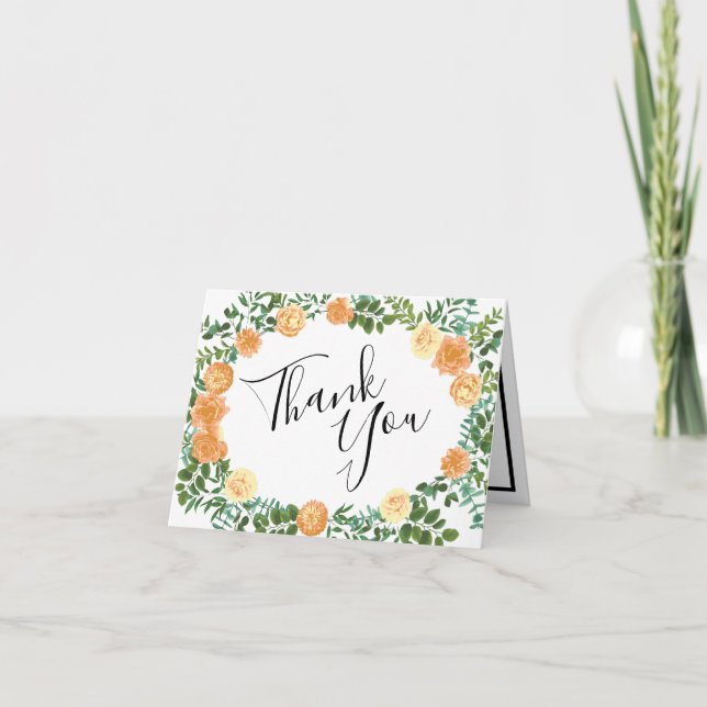 Peach Roses Wedding Floral Spring Thank You Card (Front)