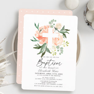 Peach Roses White Cross Girl Baptism Invitation