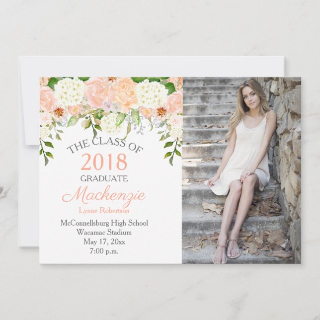 Peach Roses White Hydrangeas Photo Graduation Announcement (Front)