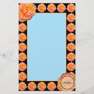 Peach Roses with Blue on Black Background Stationery