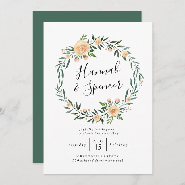 Peach Roses Wreath Wedding Invitation (Front/Back)