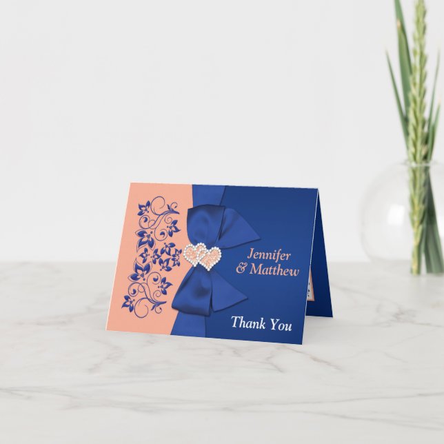 Peach, Royal Blue Floral Wedding Thank You Note Card (Front)