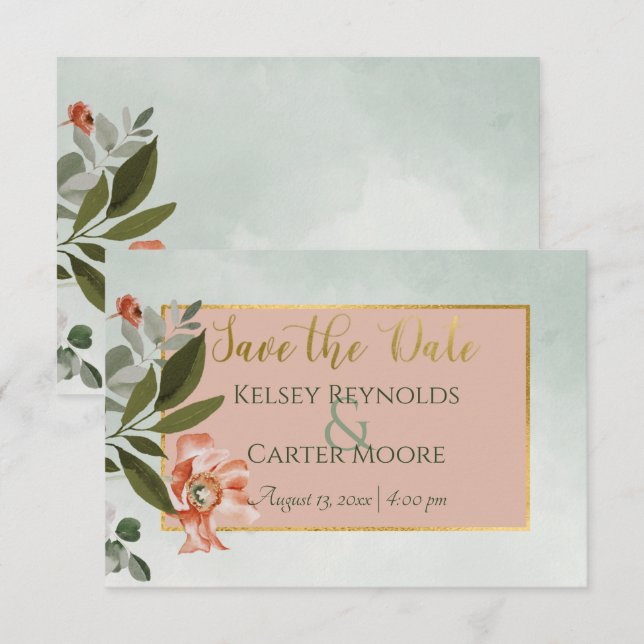 Peach & Rust Flowers on Green Wedding Save The Date (Front/Back)