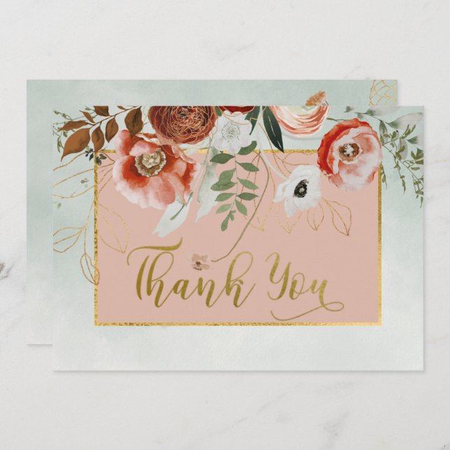 Peach & Rust Flowers on Green Wedding Thank You Card (Front/Back)