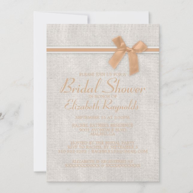 Peach Rustic Burlap Bridal Shower Invitations (Front)