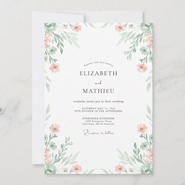 Peach Sage Airy Floral Wedding Invitation (Front)