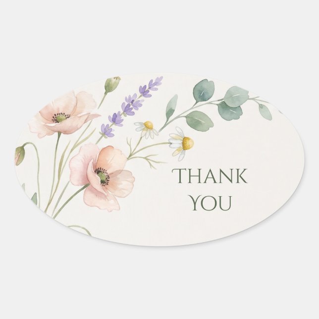 Peach Sage Botanical Thank You Oval Sticker (Front)