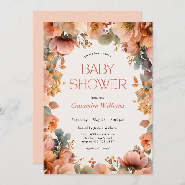 Peach Sage Floral Baby Shower Invitation (Front/Back)