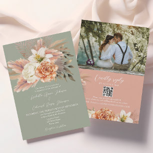 Peach Sage Floral Wedding QR Invitation