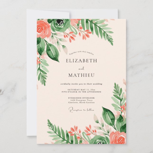 Peach Sage Green Lush Summer Wedding Invitation (Front)