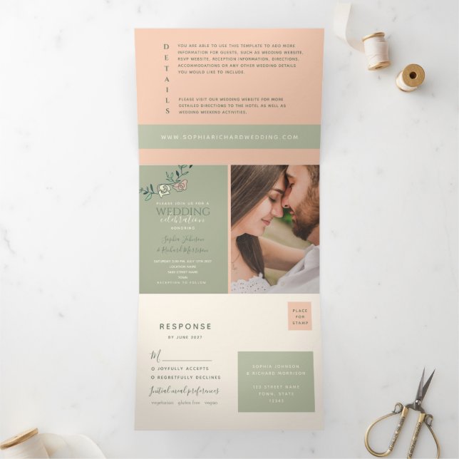 Peach Sage Green Tri-Fold Wedding Invite (Inside)