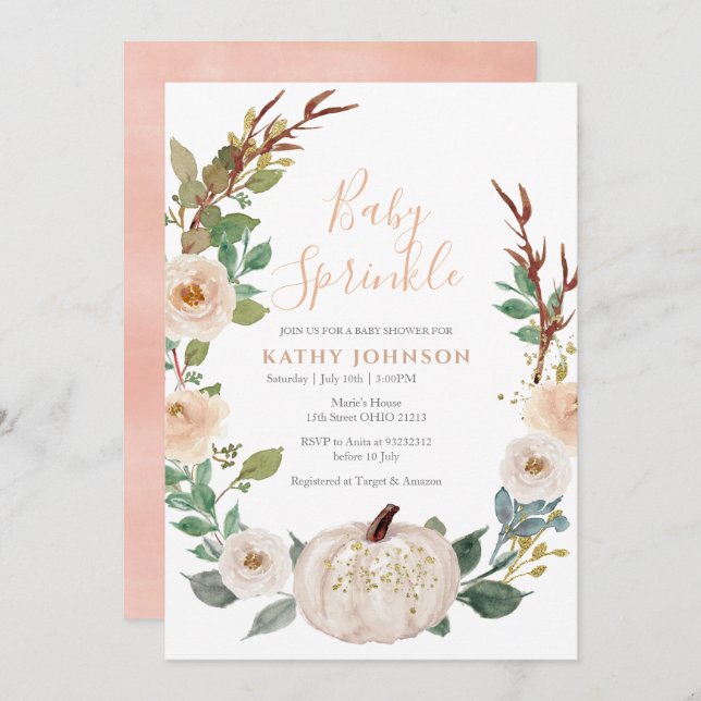 Peach Sage White Pumpkin Baby Sprinkle Invitation (Front/Back)