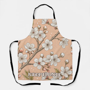 Peach Sakura Branches White Floral Botanical Apron