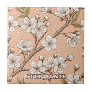 Peach Sakura Branches White Floral Botanical Ceramic Tile