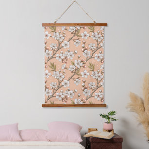 Peach Sakura Branches White Floral Botanical Hanging Tapestry