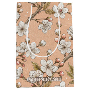 Peach Sakura Branches White Floral Botanical Medium Gift Bag