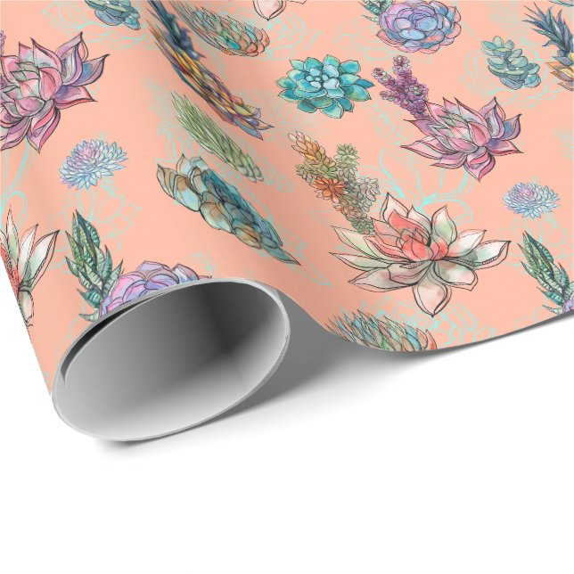 *~* Peach Salmon Blue Green Succulent Pattern Wrapping Paper (Roll Corner)