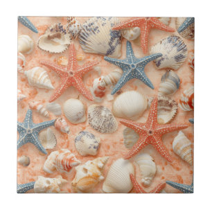 Peach Sand Seashell Starfish Coastal Pattern Ceramic Tile