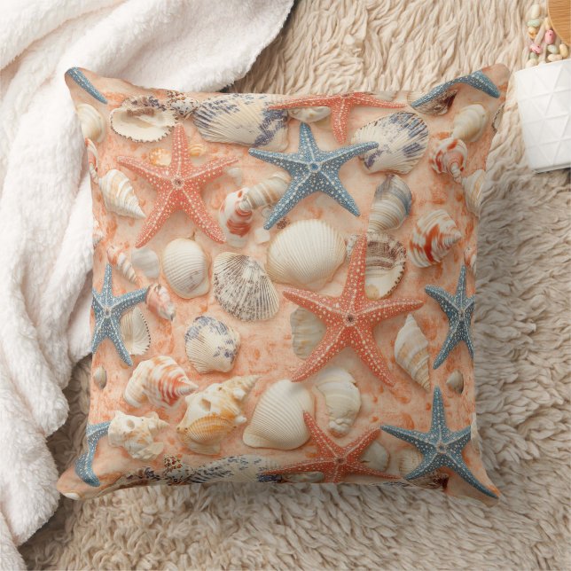 Peach Sand Seashell Starfish Coastal Pattern Cushion (Blanket)