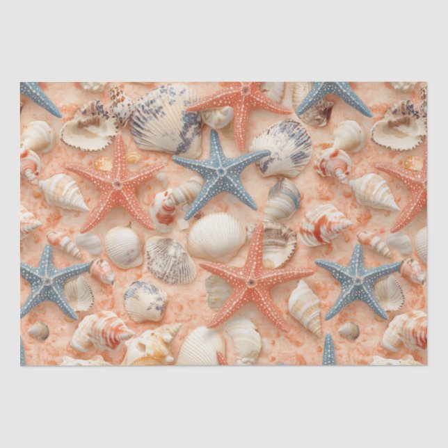 Peach Sand Seashell Starfish Coastal Pattern Tissue Paper (Front)