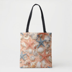 Peach Sand Seashell Starfish Coastal Pattern Tote Bag