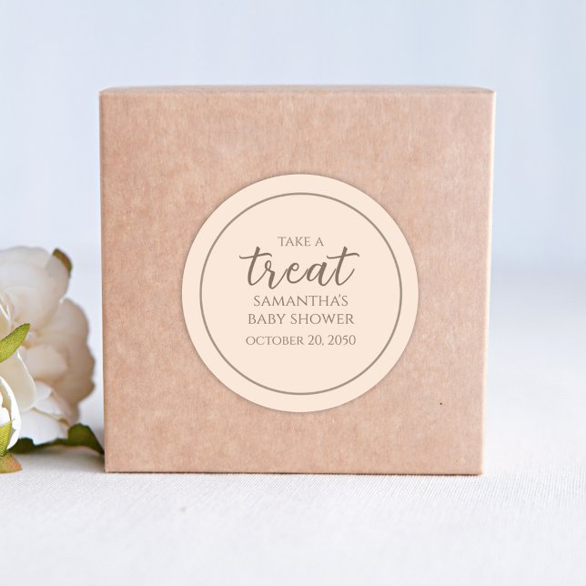 Peach Script Simple Treat Baby Shower Classic Round Sticker (Creator Uploaded)