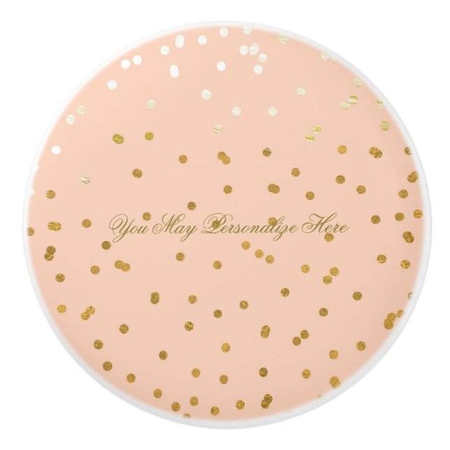 Peach Shiny Gold Faux Foil Confetti Dots Glam Ceramic Knob (Front)