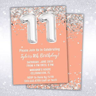 Peach Silver 11th Birthday Party Invitation