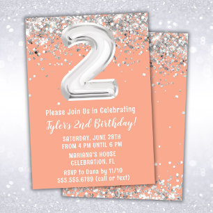 Peach Silver 2nd Birthday Party Invitation