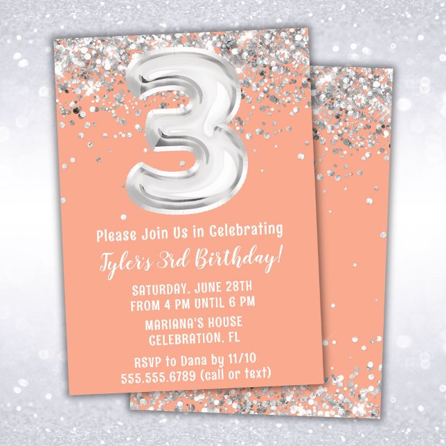 Peach Silver 3rd Birthday Party Invitation (Creator Uploaded)