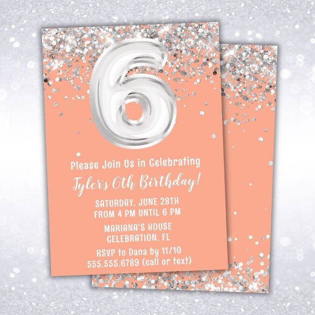Peach Silver 6th Birthday Party Invitation (Creator Uploaded)