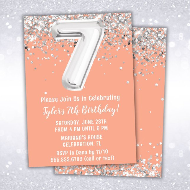 Peach Silver 7th Birthday Party Invitation (Creator Uploaded)