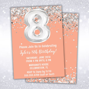 Peach Silver 8th Birthday Party Invitation