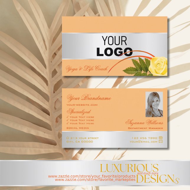 Peach Silver Decor Rose Flower with Logo and Photo Business Card (Creator Uploaded)