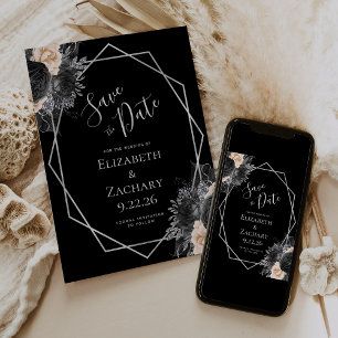 Peach Silver Floral Geo Black Save the Date