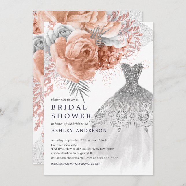 Peach & Silver Floral Wedding Dress Bridal Shower Invitation (Front/Back)