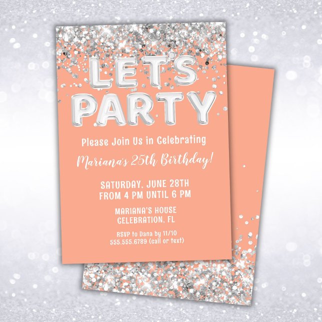 Peach Silver Glitter Birthday Party Invitation (Creator Uploaded)