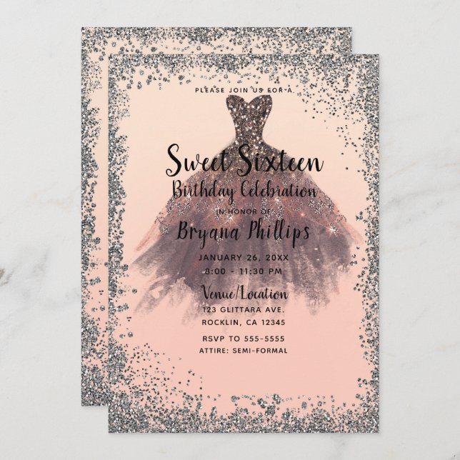Peach & Silver Glitter Party Dress Glam Sweet 16 Invitation (Front/Back)