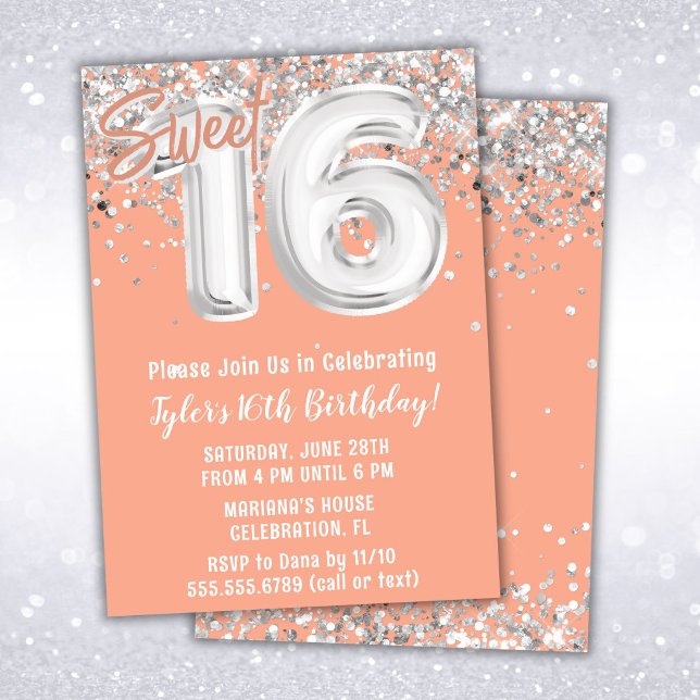 Peach Silver Sweet 16th Birthday Party Invitation (Creator Uploaded)
