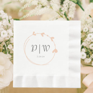 Peach Simple Monogram Heart Wreath Wedding Napkin