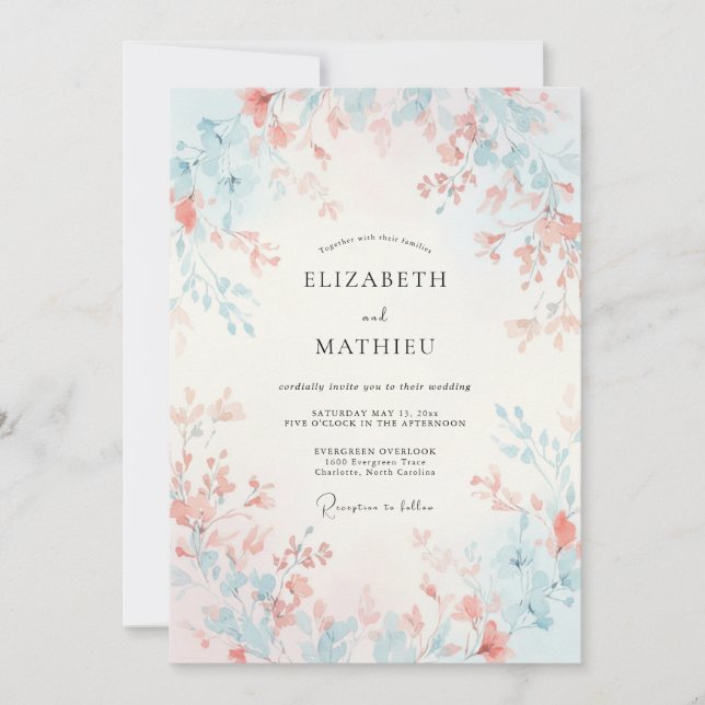 Peach Sky Blue Gossamer Spring Wedding Invitation (Front)