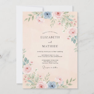 Peach Soft Blue Floral Watercolor Wedding Invitation