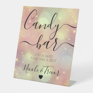 Peach Sparkle Bokeh Personalised Wedding Candy Bar Pedestal Sign