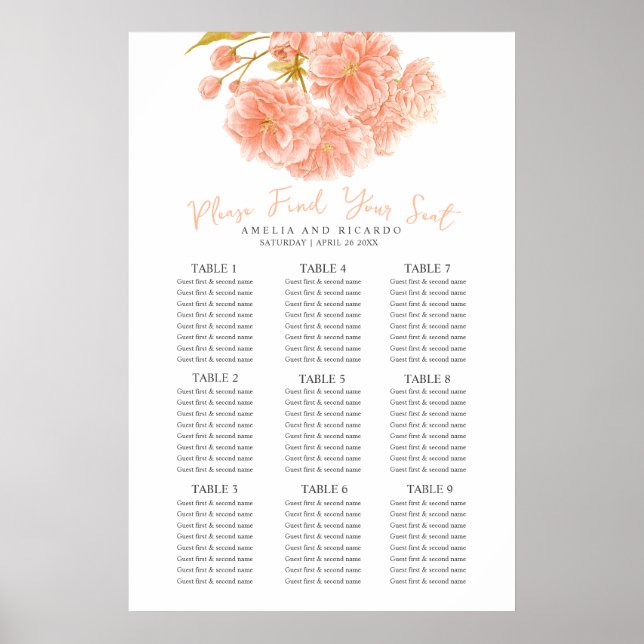 Peach spring blossom wedding seating chart poster (Front)