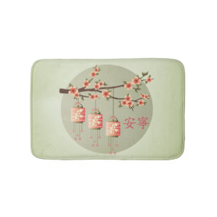 Peach square lanterns blossom "Tranquillity" Bath Mat
