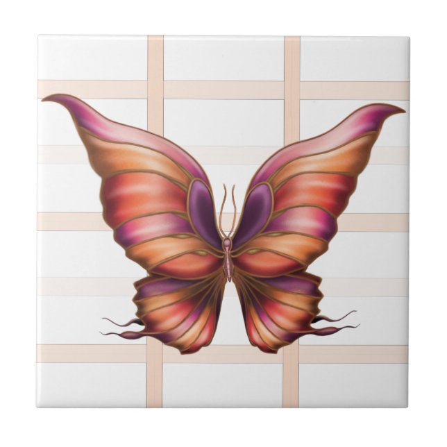 Peach Squared with Butterfly Ceramic Tile (Front)