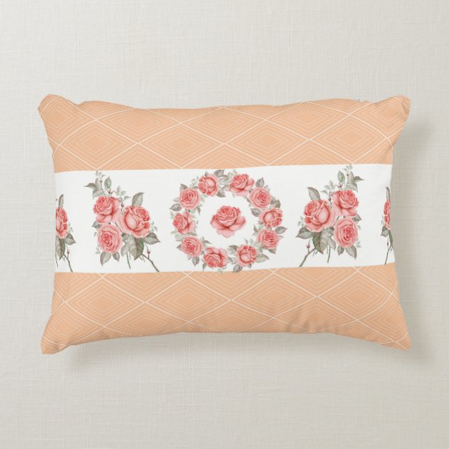 Peach Squares & Roses Decorative Cushion (Front)