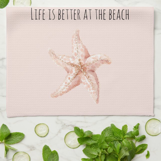 Peach Starfish Better at Beach Tea Towel (Folded)